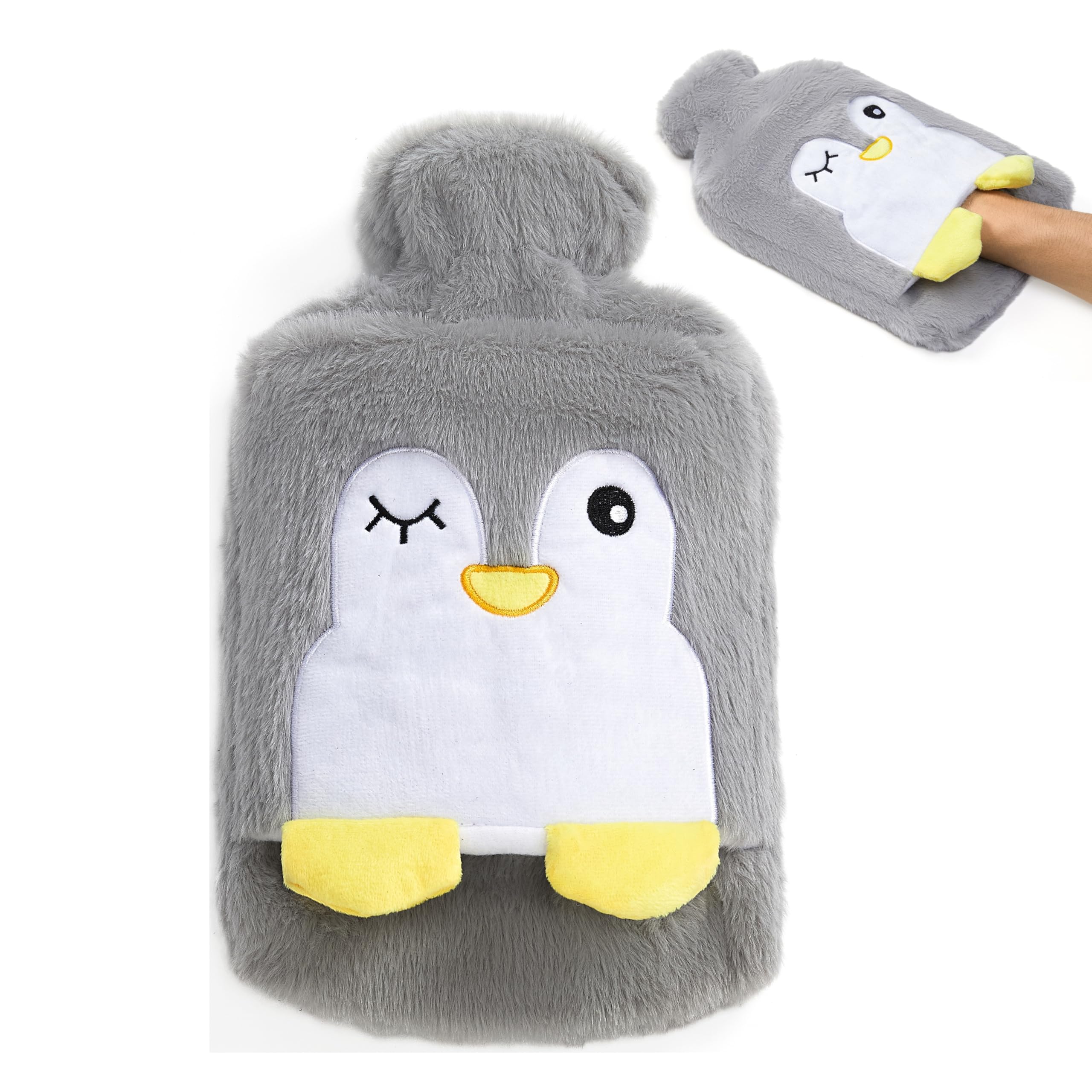 Bouillote Peluche Chauffante, Bouillotte Eau Chaude pour Enfant et Adulte, Cute Bouillotte Peluche avec Couvercle Souple 500ml, Cadeaux pour et Hiver, Mère, Fille, Petite Amie(Pingouin)